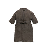 Brown Rento Kenno kids bathrobe with textured fabric, front pockets and waist belt