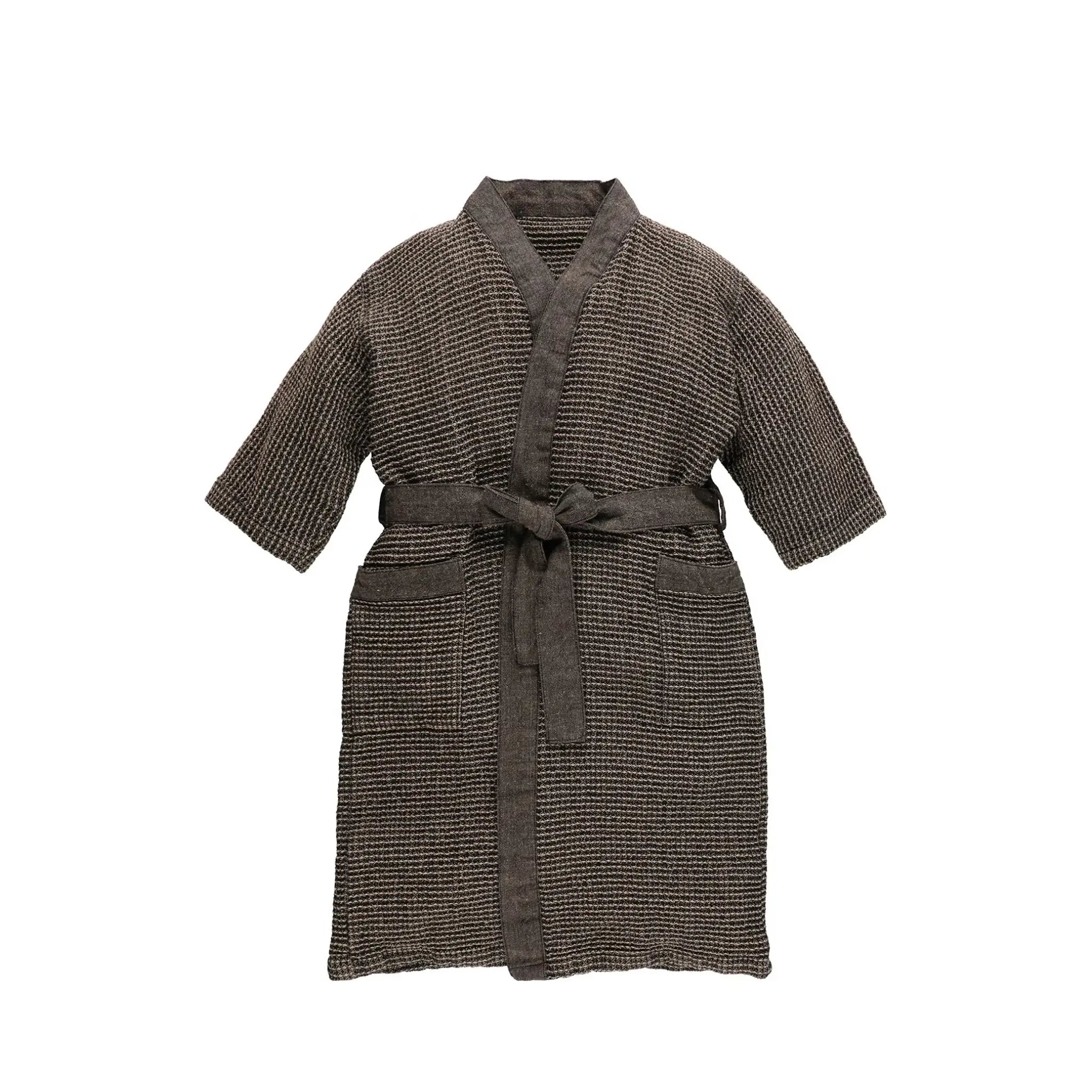 Brown Rento Kenno kids bathrobe with textured fabric, front pockets and waist belt