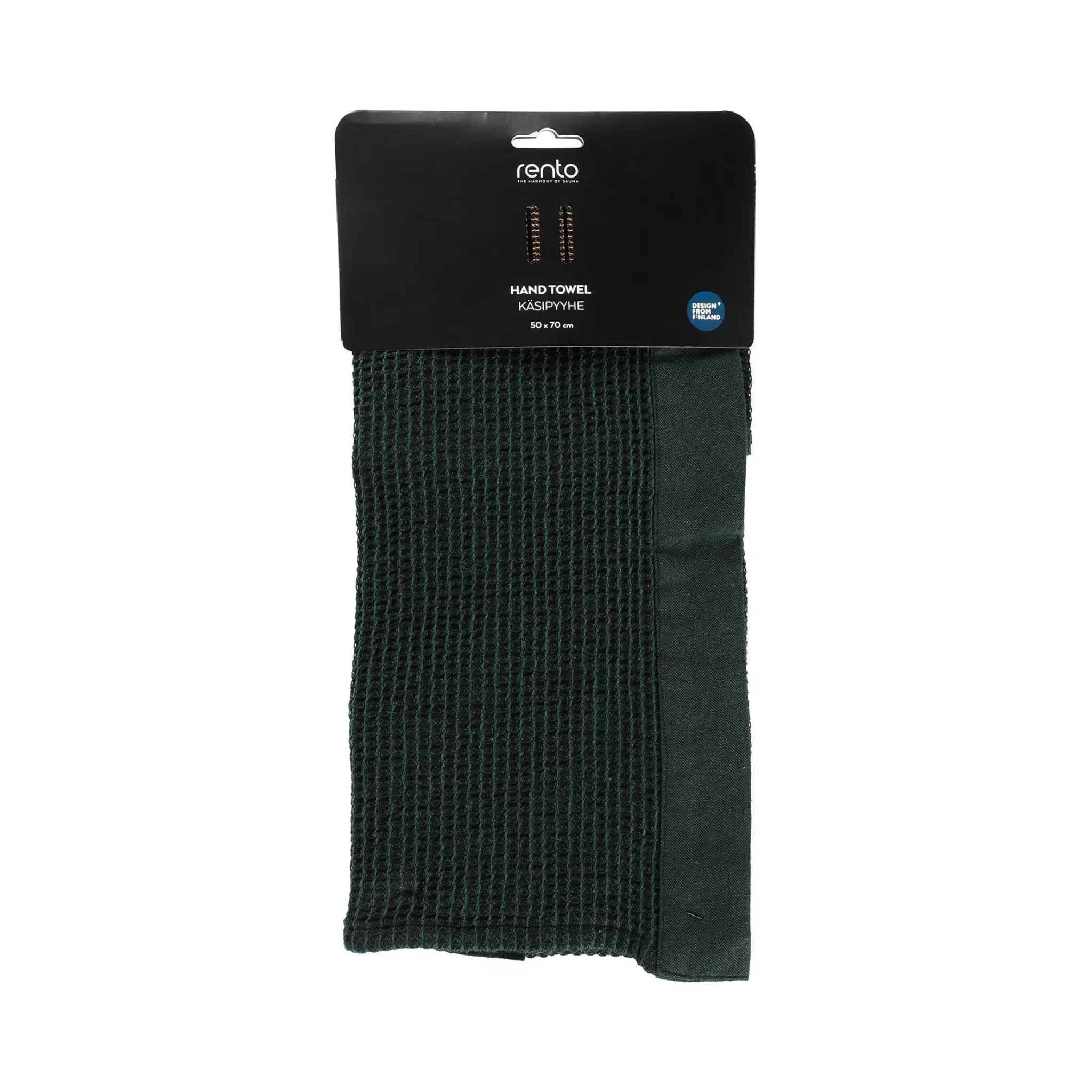 Dark green Rento Kenno hand towel 50 x 70cm packaged with textured woven fabric and Design from Finland label.