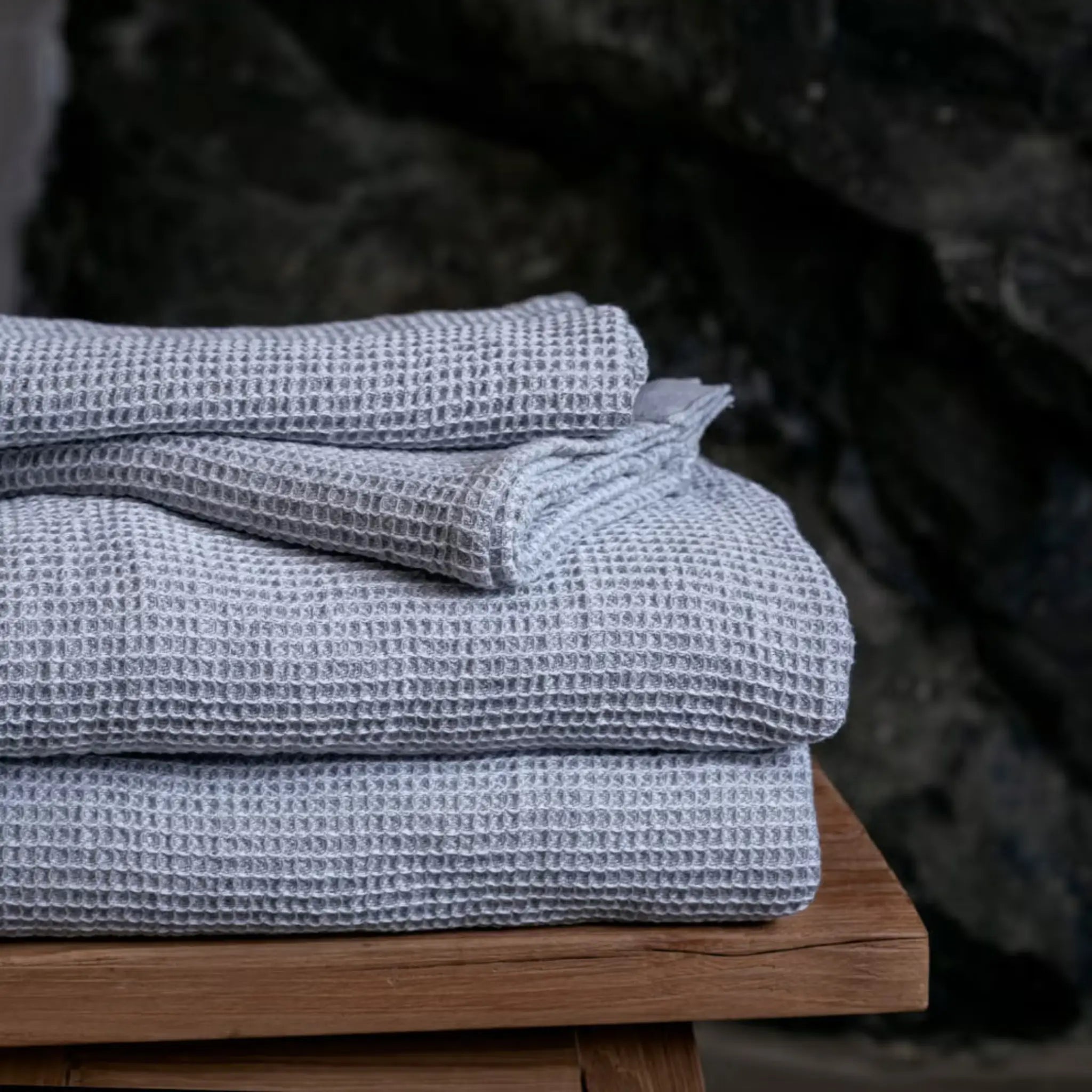 Grey and white Rento Kenno hand towel 50 x 70cm hanging with textured waffle weave and chambray trim.