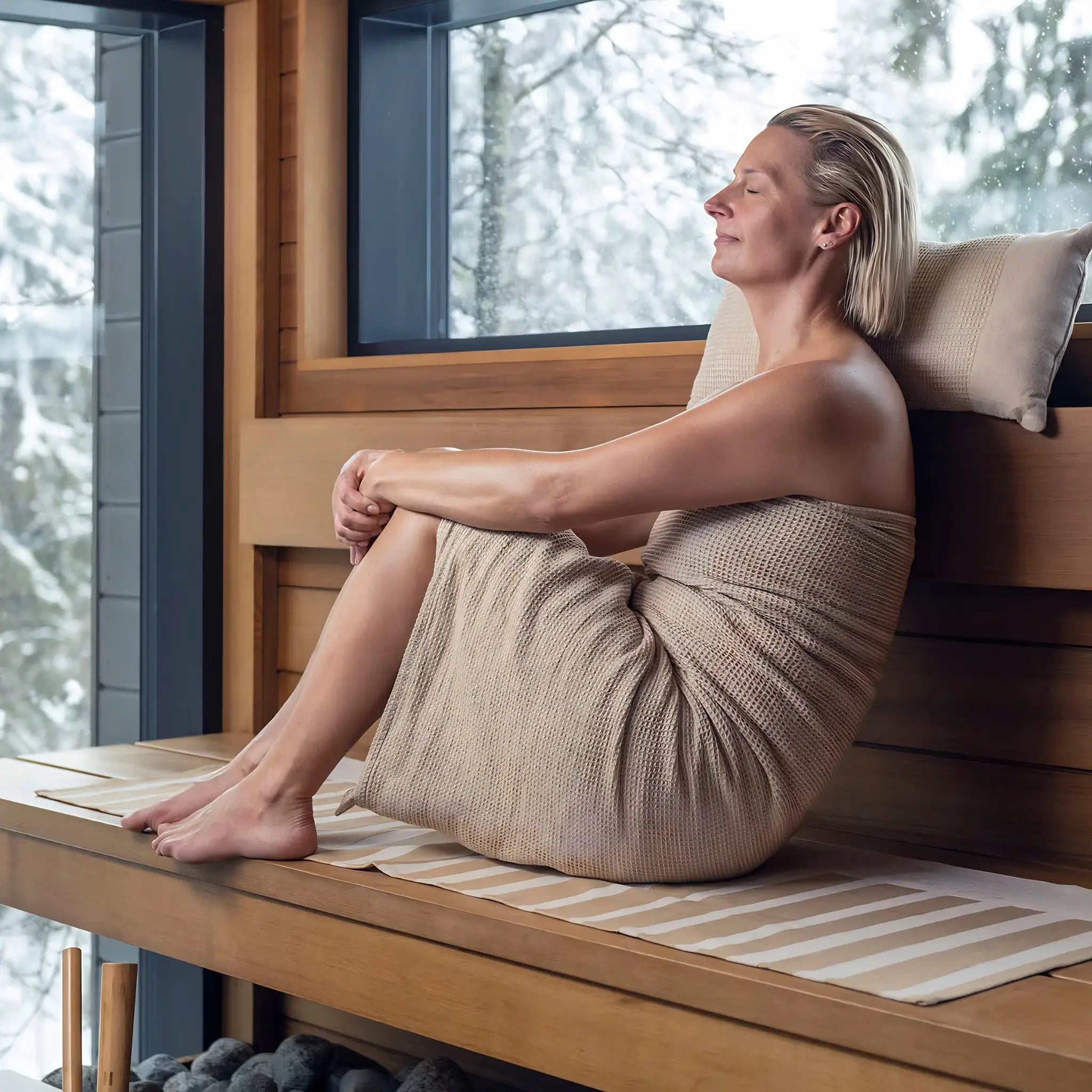 Woman wearing a beige sauna towel outdoors by a lake while holding a sauna bucket and ladle
