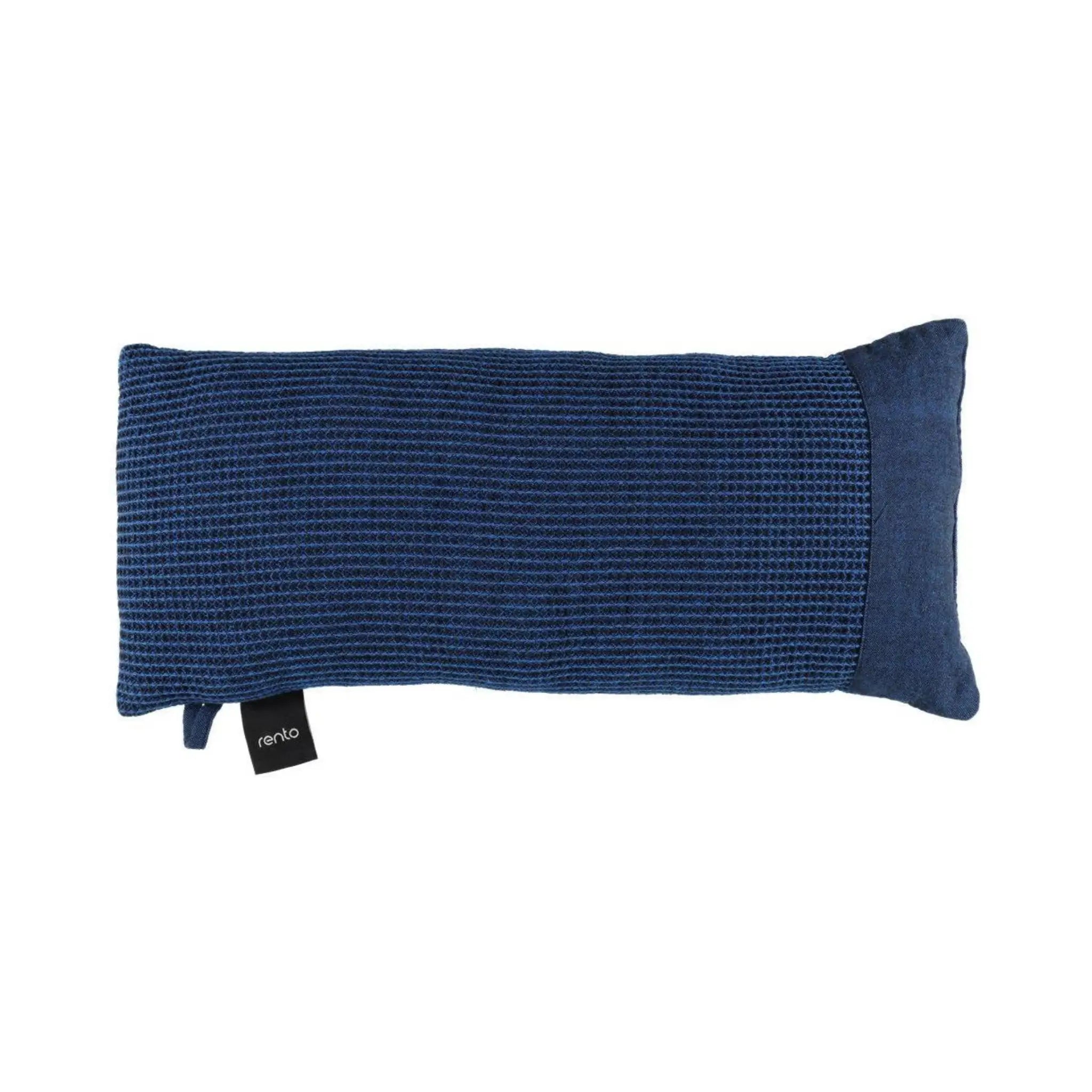Dark blue Rento Kenno sauna pillow with textured fabric and side panel on a white background
