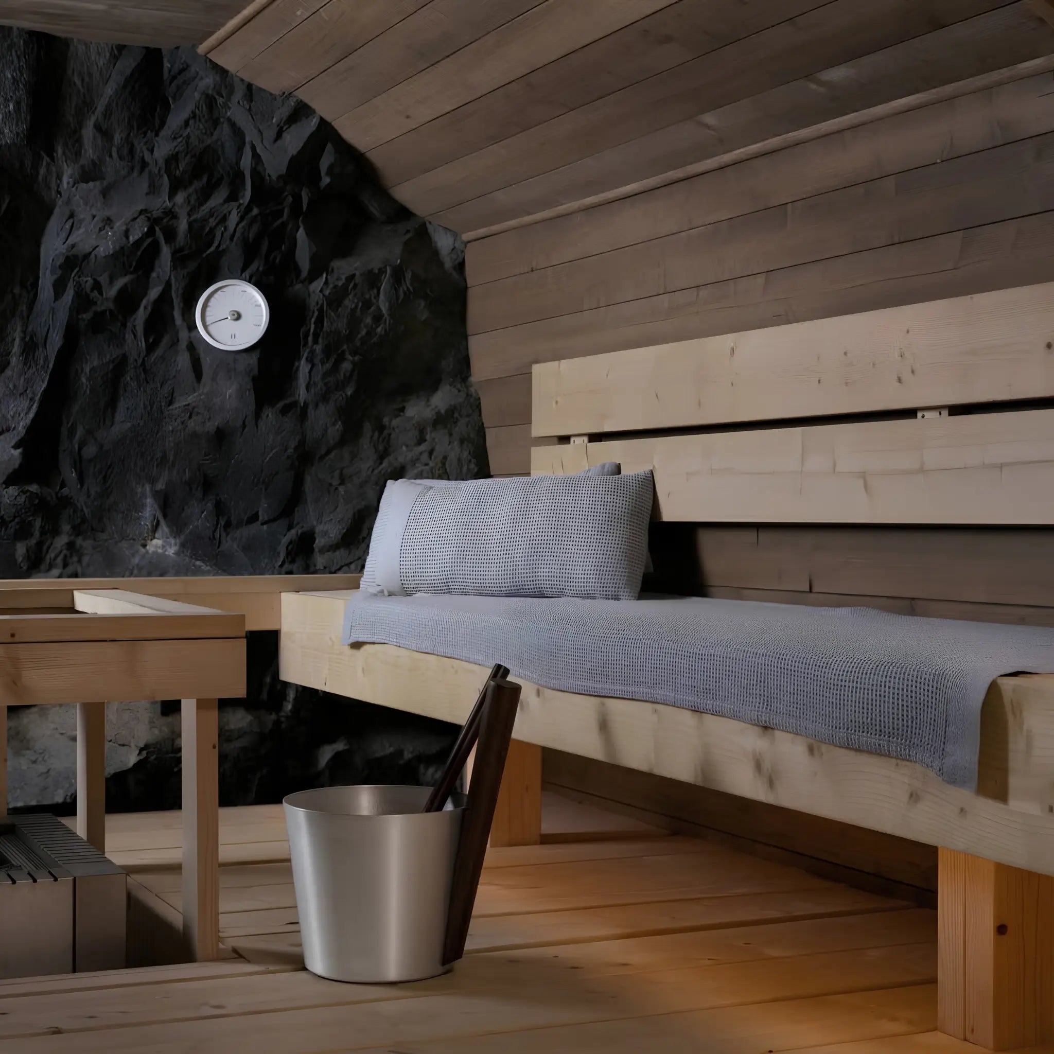 Grey Rento Kenno sauna seat cover with matching pillow on a wooden sauna bench