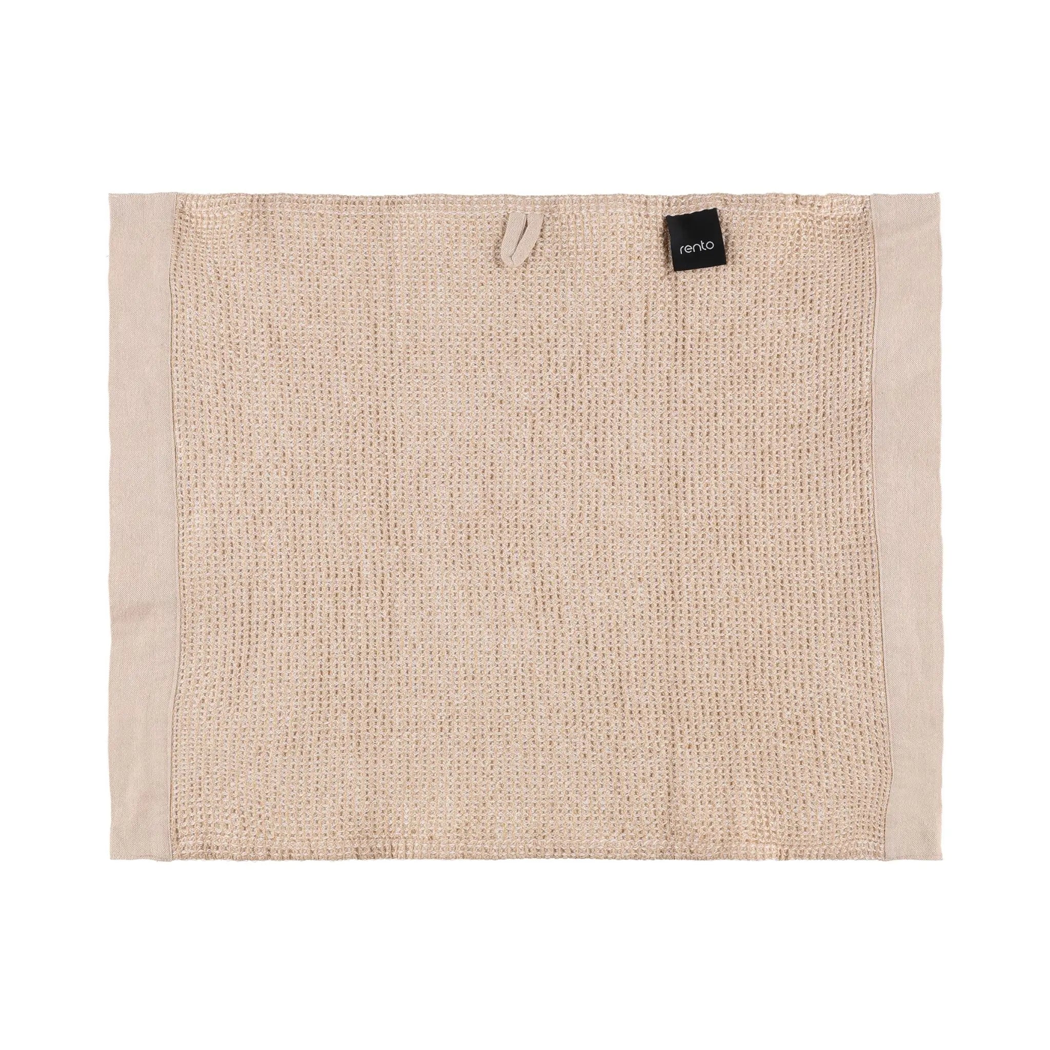 Beige Rento Kenno sauna seat cover with soft woven texture, chambray edging and hanging loop