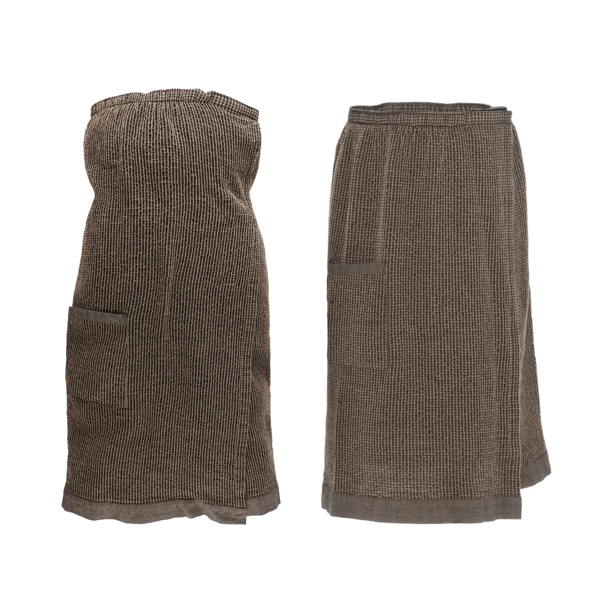 Brown Rento Kenno waist towel and sarong set with soft waffle texture and chambray edging