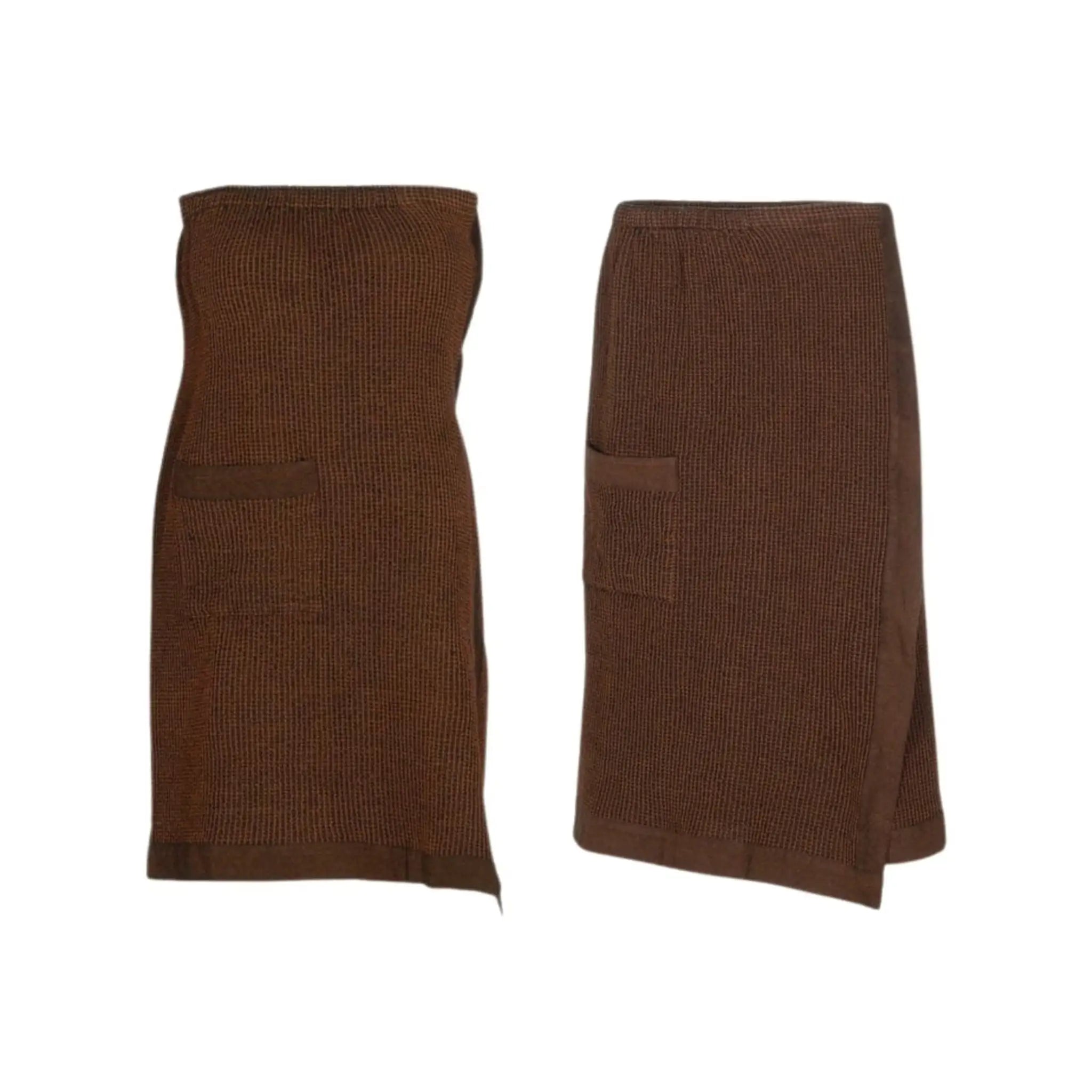 Dark brown Rento Kenno waist towel and sarong set with textured recycled cotton blend fabric and chambray edging