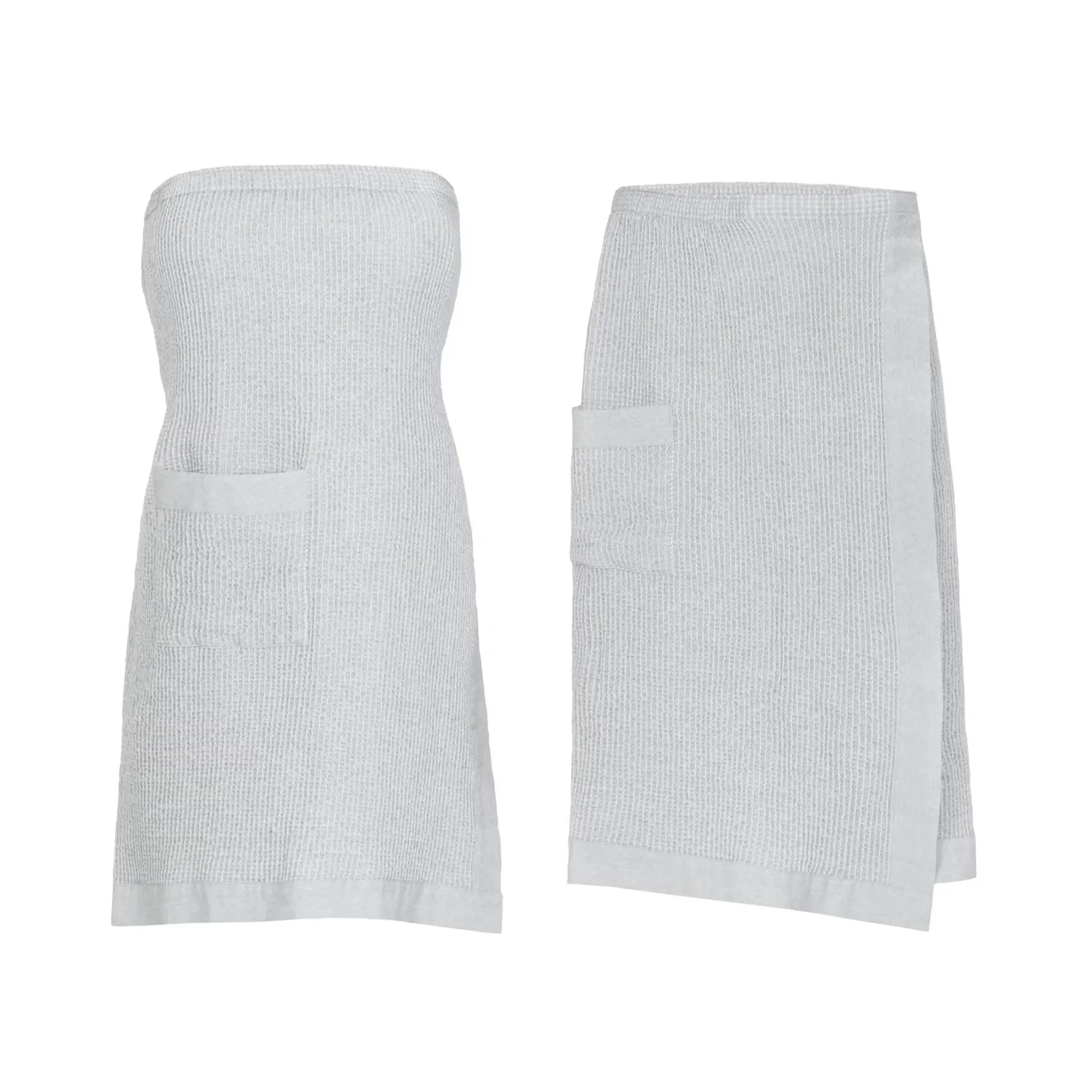 White and grey Rento Kenno waist towel and sarong set with matching sauna textile design