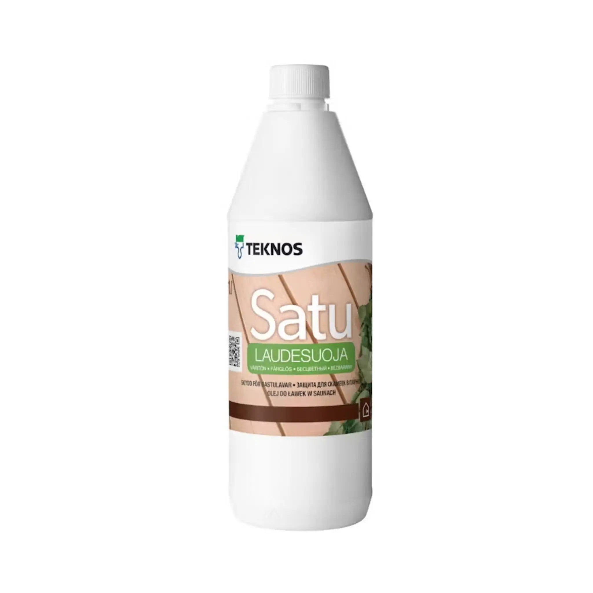 Satu Sauna Bench Protective Coating 1L bottle for colourless sauna bench and wood surface protection on a white background.