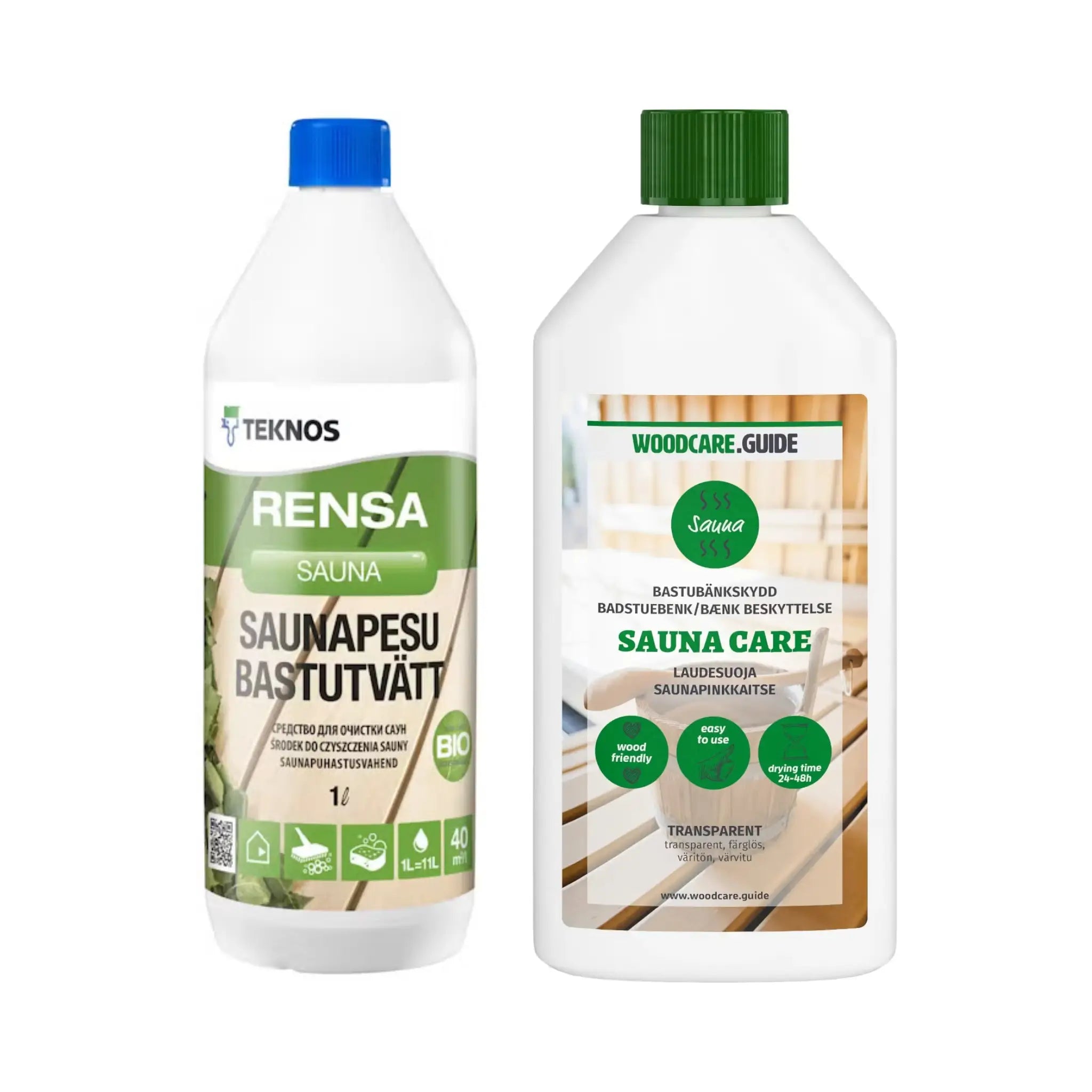 Sauna Cleaning & Care Set with Rensa Sauna Cleaner 1L and Woodcare Guide Sauna Bench Treatment 0.25L on a white background.