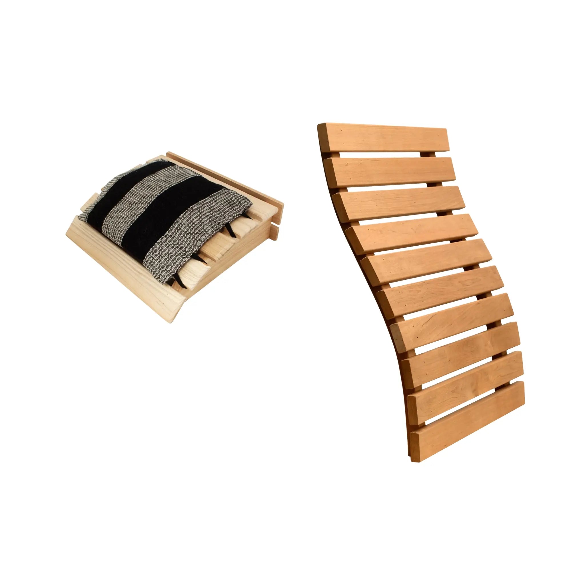 Sauna comfort set with wooden headrest, black sauna pillow and wooden sauna backrest on a white background