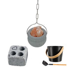 Sauna essentials set with soapstone salt bowl, steamstone, black bucket and ladle