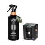 Rento Arctic Pine home fragrance set with room scent spray and matching scented candle on a white background.