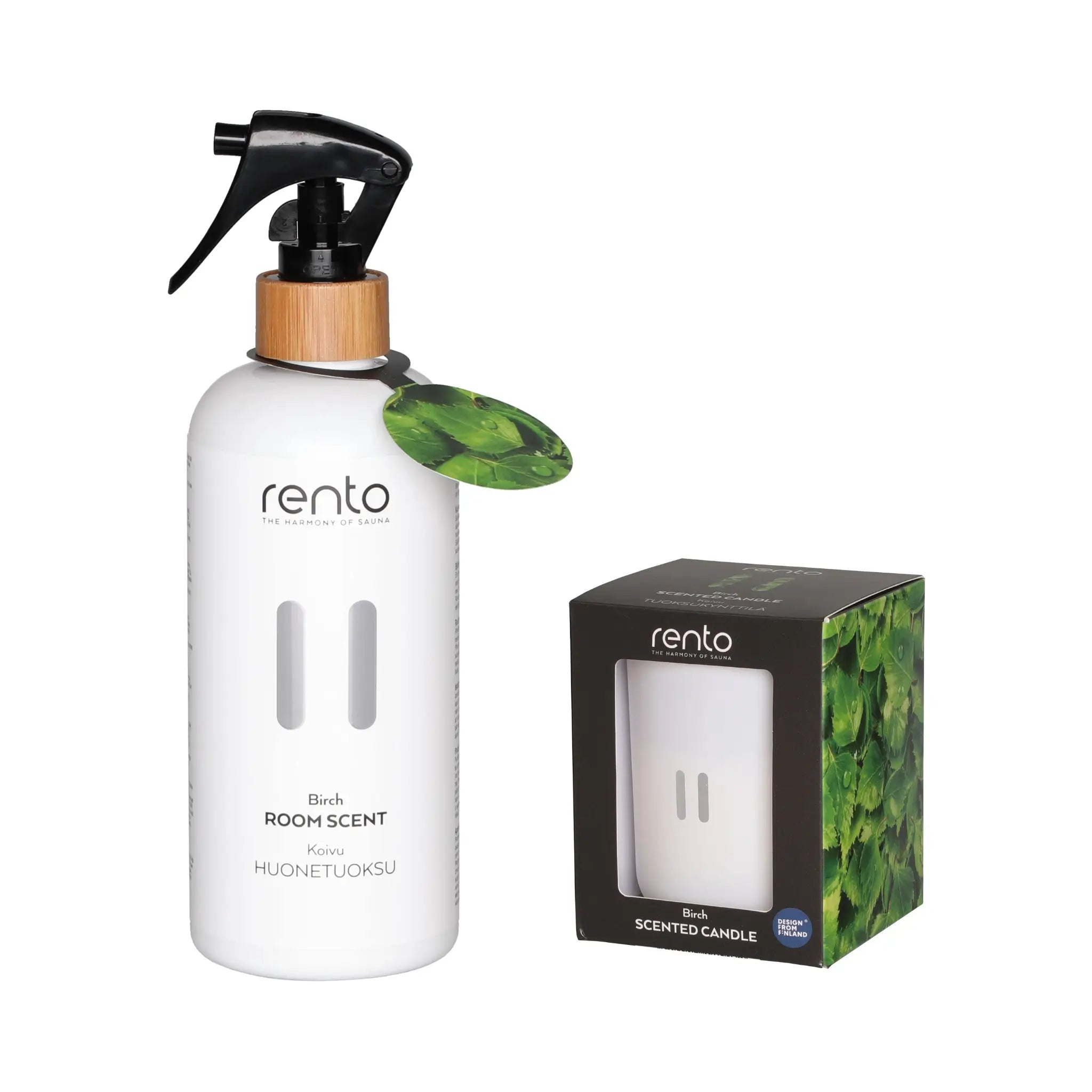 Rento Birch home fragrance set with room scent spray and matching scented candle on a white background.