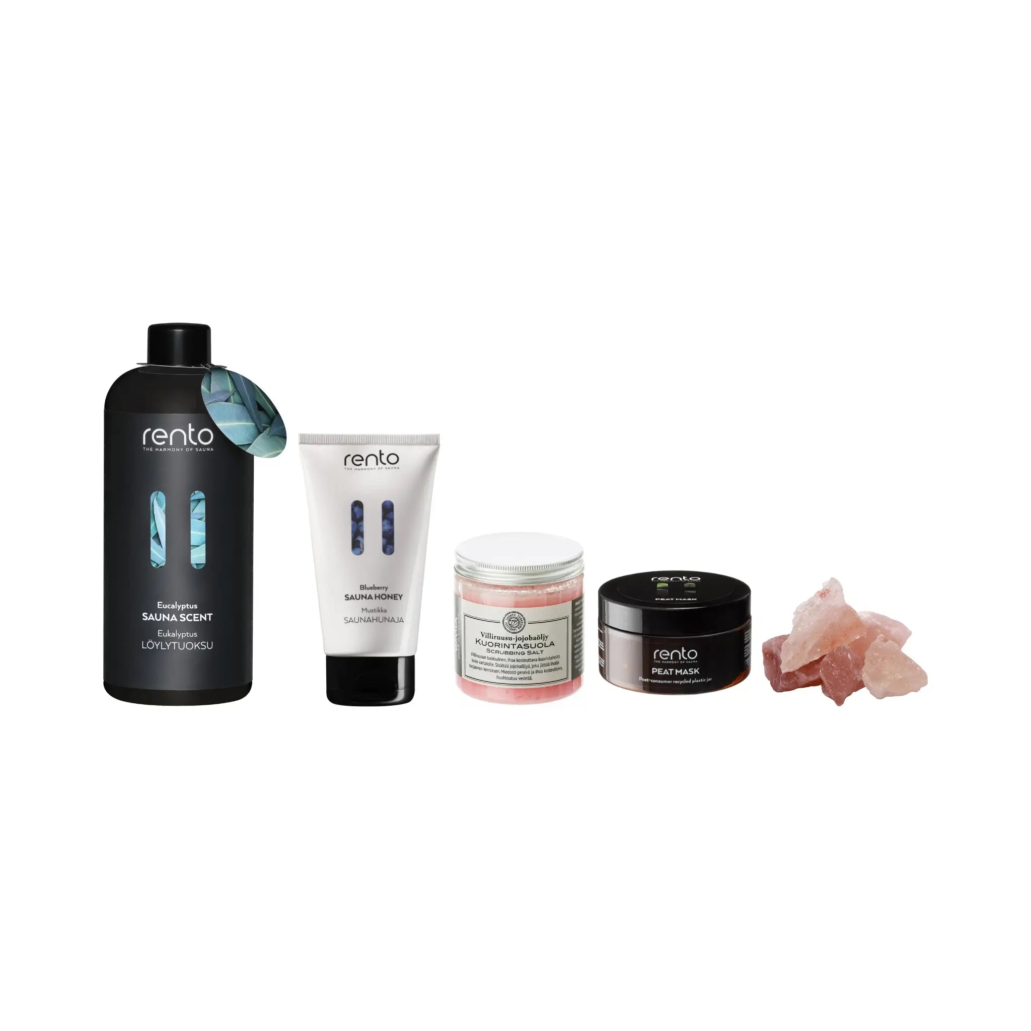 Sauna spa ritual kit with Rento sauna scent, sauna honey, peat mask, scrubbing salt and Himalayan sauna salt stones on a white background.