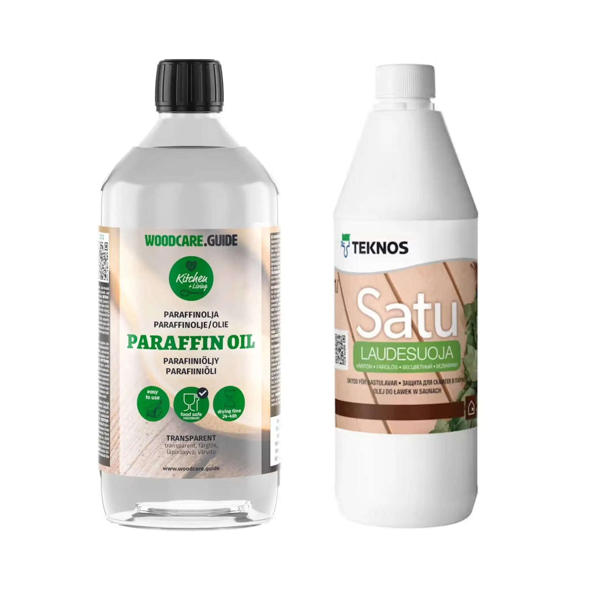 Sauna Wood Protection Set with Woodcare Guide Paraffin Oil 1L and Satu Sauna Bench Protective Coating 1L on a white background.