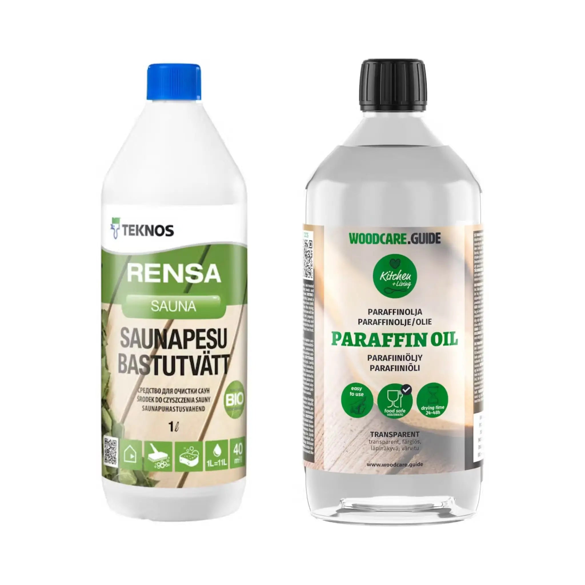 Sauna Cleaning & Care Set with Rensa Sauna Cleaner 1L and Woodcare Guide Paraffin Oil 1L for wooden sauna maintenance