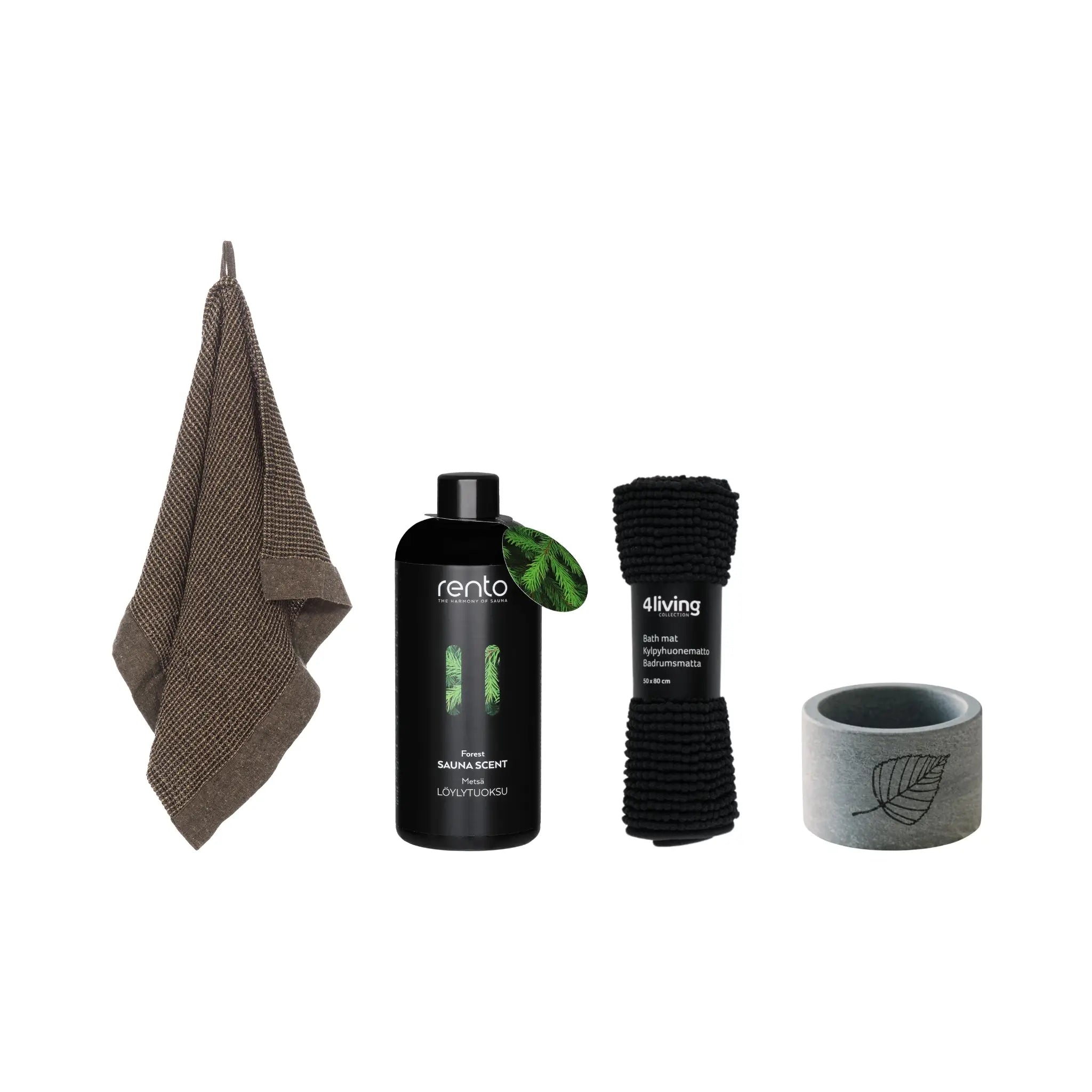 Sauna lounge set with brown hand towel, Rento Forest sauna scent, black bathroom mat and Hukka soapstone drink cooler.