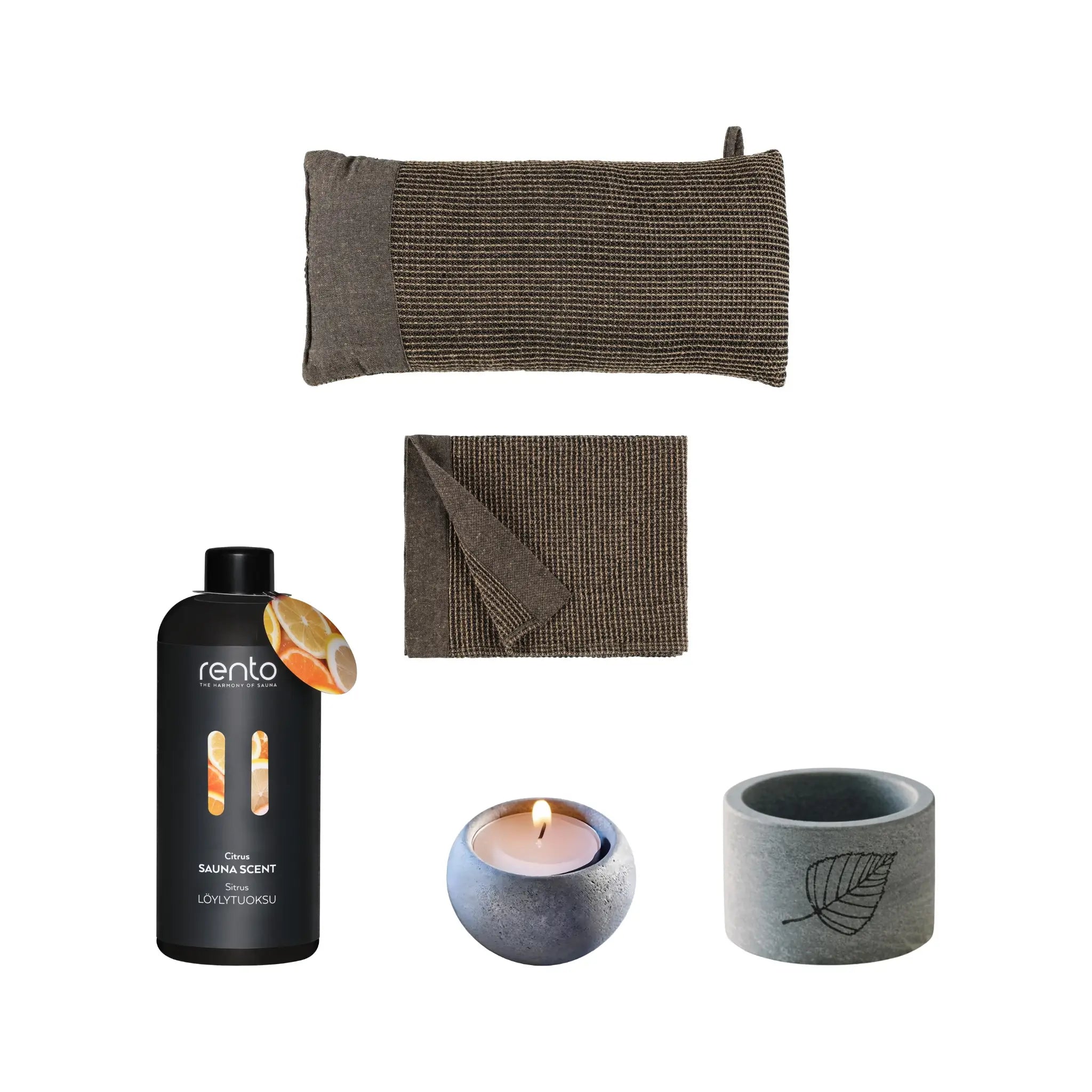 Sauna relaxation set with pillow, seat cover, sauna scent, soapstone tealight holder and drink cooler