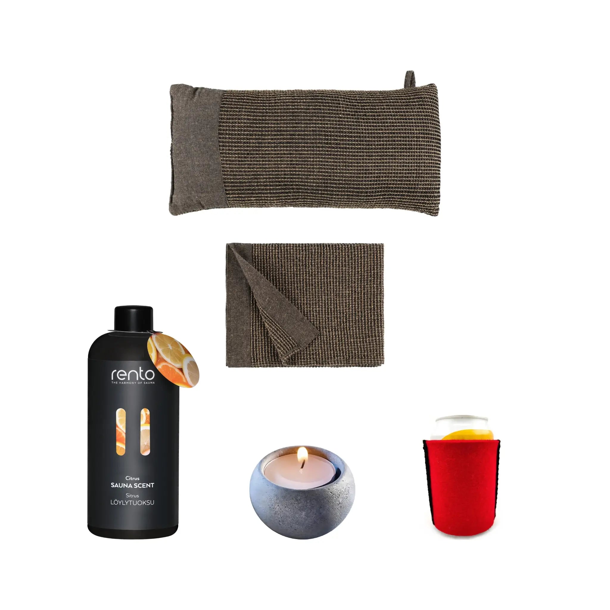 Sauna Relaxation Set with matching Rento Kenno sauna pillow and seat cover, Citrus sauna scent, Hukka soapstone tealight holder and red wool can cooler