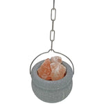 Saunia soapstone salt bowl with hanging chain and Himalayan salt stones for sauna air care