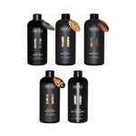 Rento Signature Aroma sauna scent collection with Arctic Pine, Citrus, Tar, Winter Spices and Water Lily bottles on a white background.