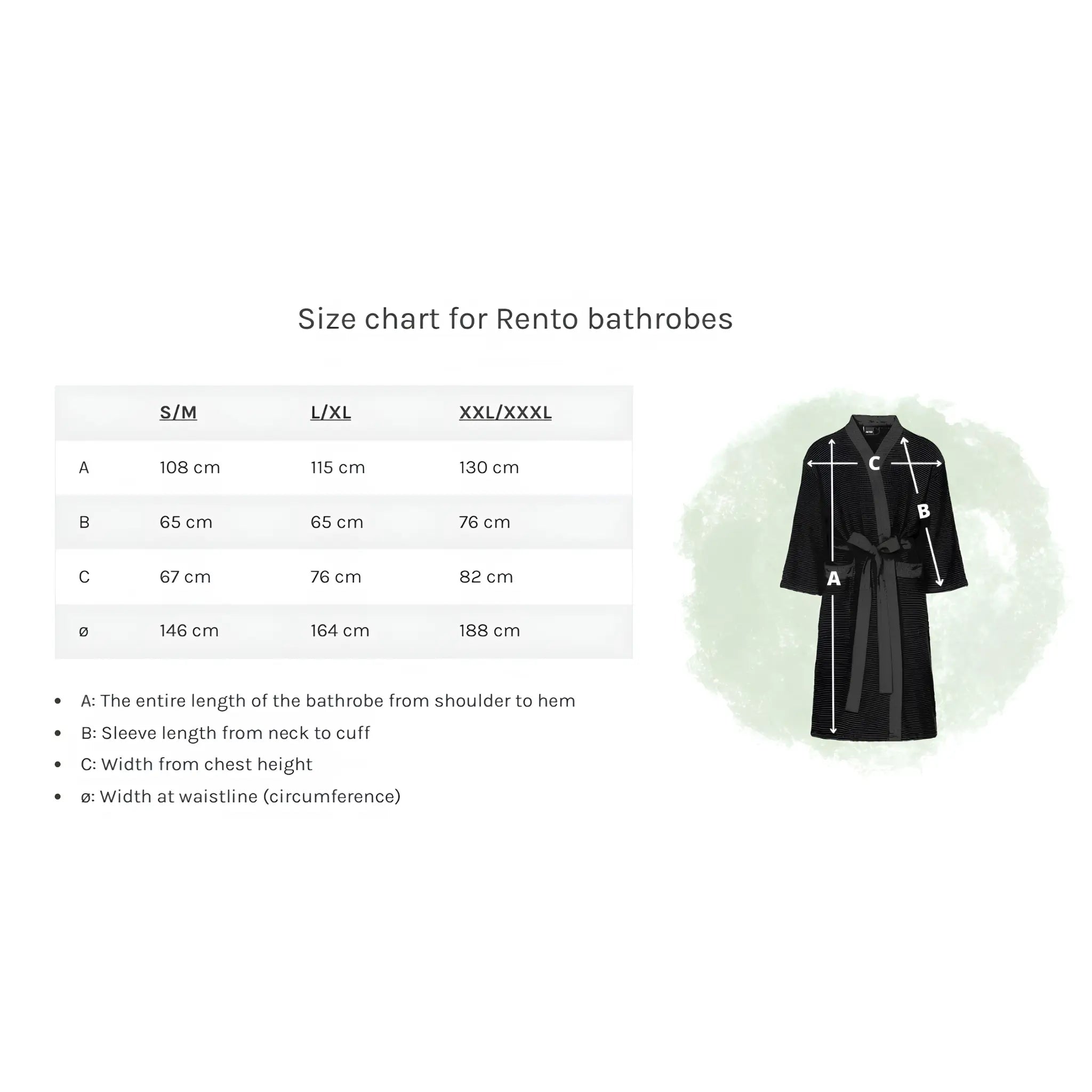 Rento bathrobe size chart showing S/M, L/XL and XXL/XXXL measurements for adult bathrobes