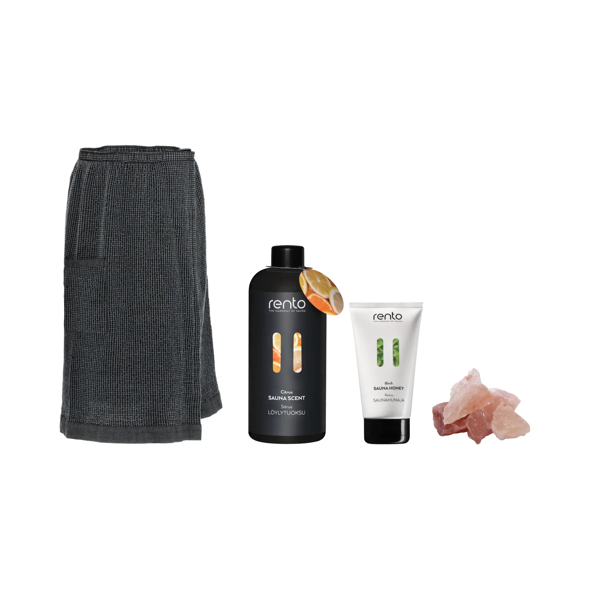 Solo Sauna Essentials bundle with grey Rento Kenno waist towel, Rento sauna scent, sauna honey and Himalayan sauna salt stones on a white background.