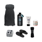Solo Sauna Luxury Set with bathrobe, slippers, bathroom mat, sauna scent, sauna honey, scrubbing salt and Hukka Sauna Text Steam Stone.