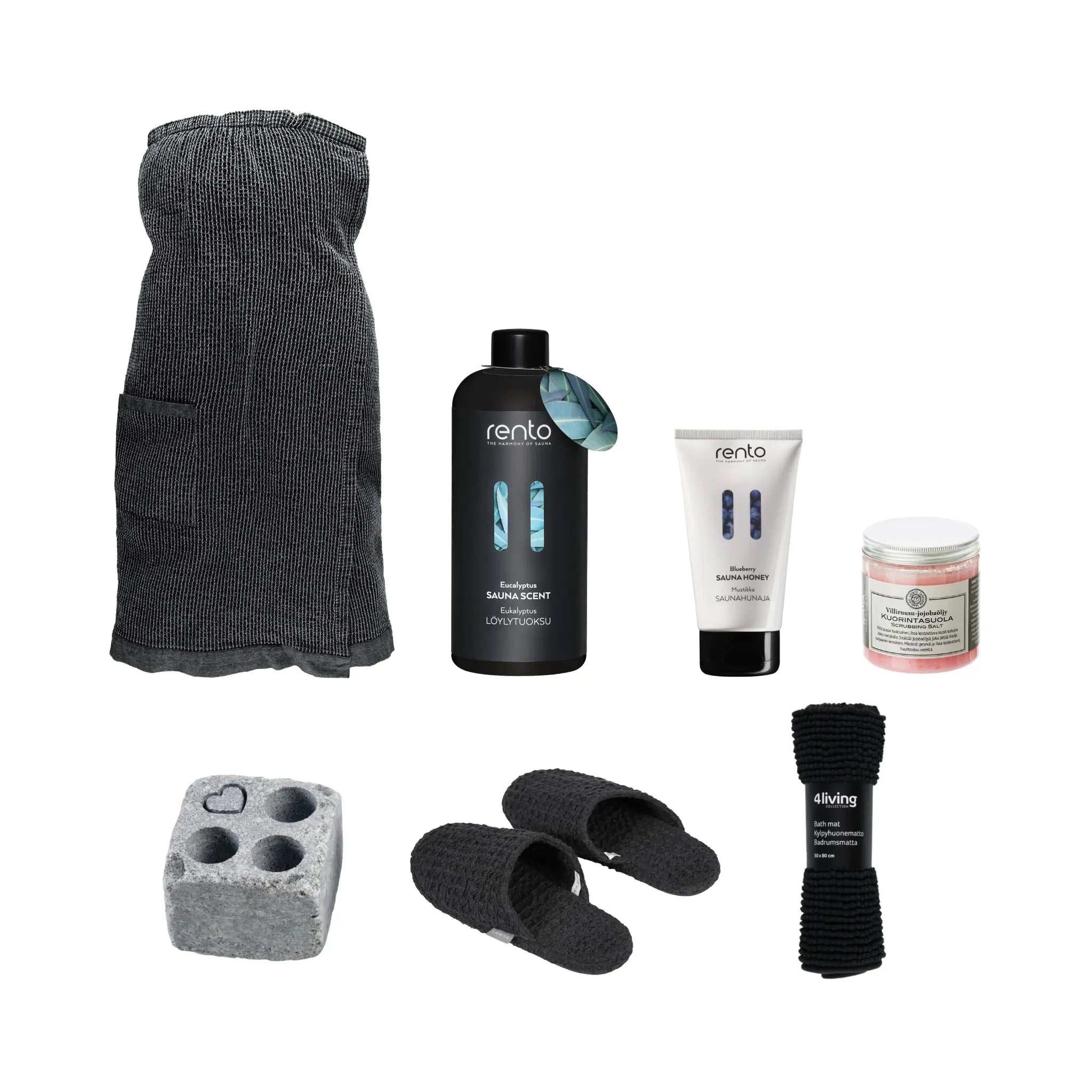 Solo Sauna Luxury Set with bathrobe, slippers, bathroom mat, sauna scent, sauna honey, scrubbing salt and Hukka Sauna Text Steam Stone.