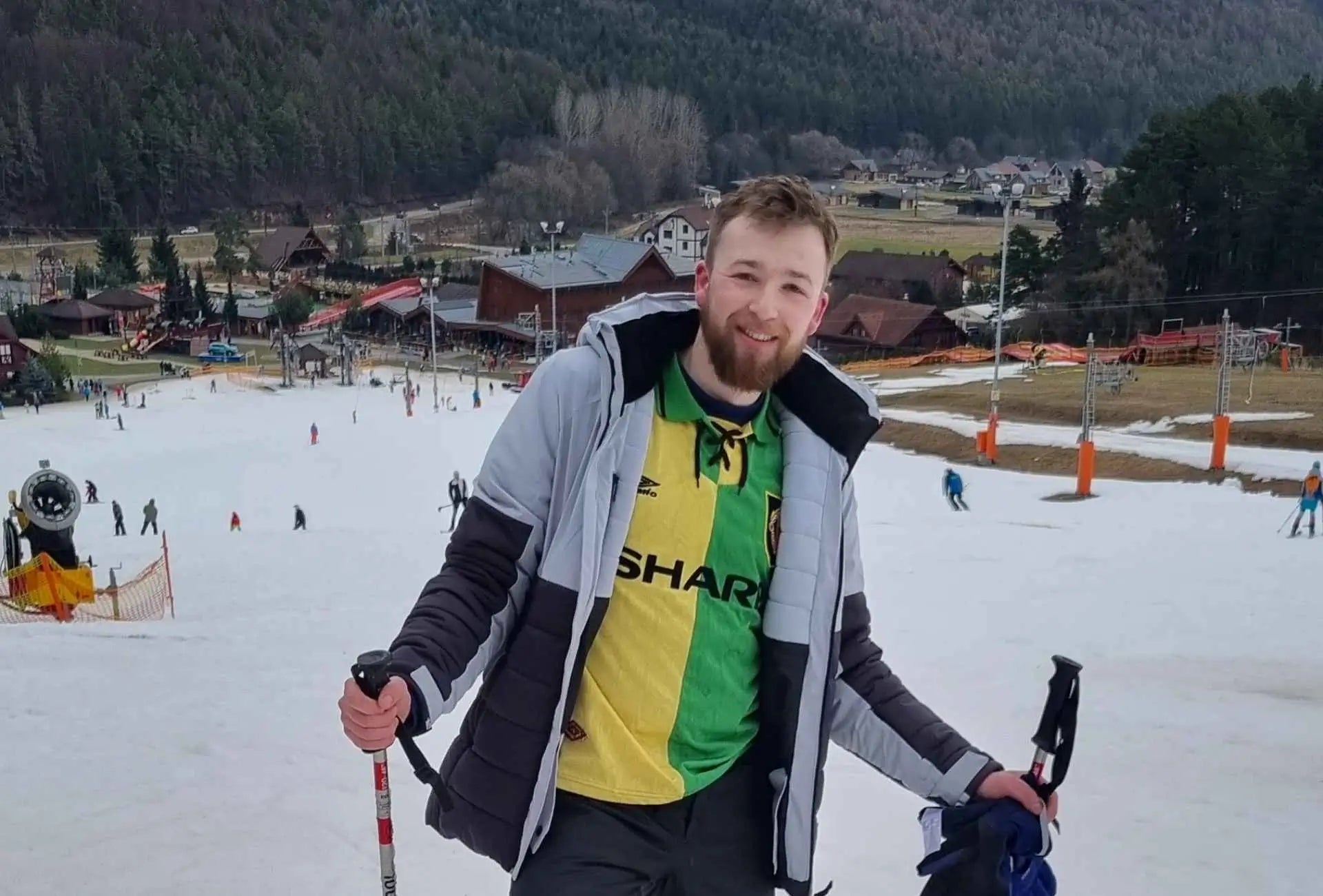 Taylor Glass skiing abroad in Slovakia during his years as a travelling electrician, balancing work, travel, and independence before founding GlampLaunch.