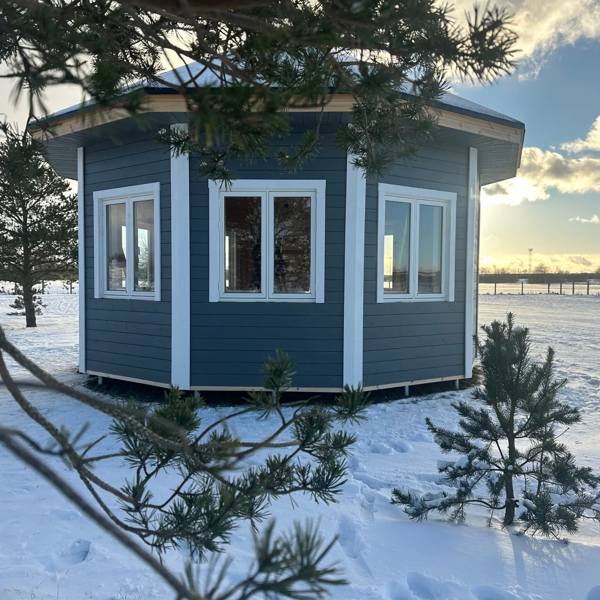 Exterior view of the Altura Loft Cabin showing multi-sided structure in a snowy setting