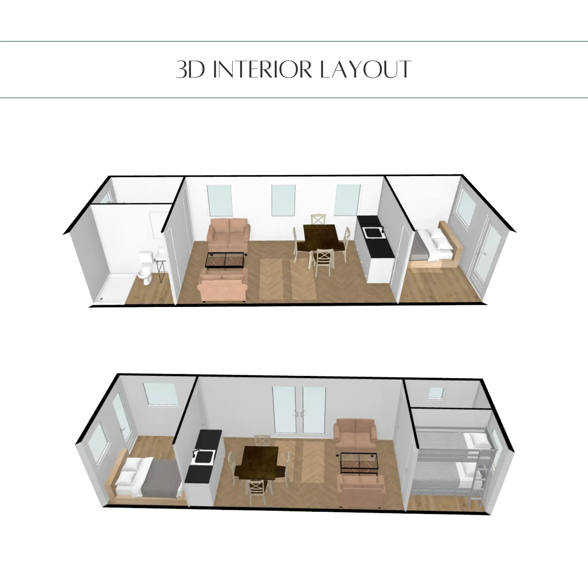 3D interior layout visualisation of the Archwood 4 person shepherd’s hut