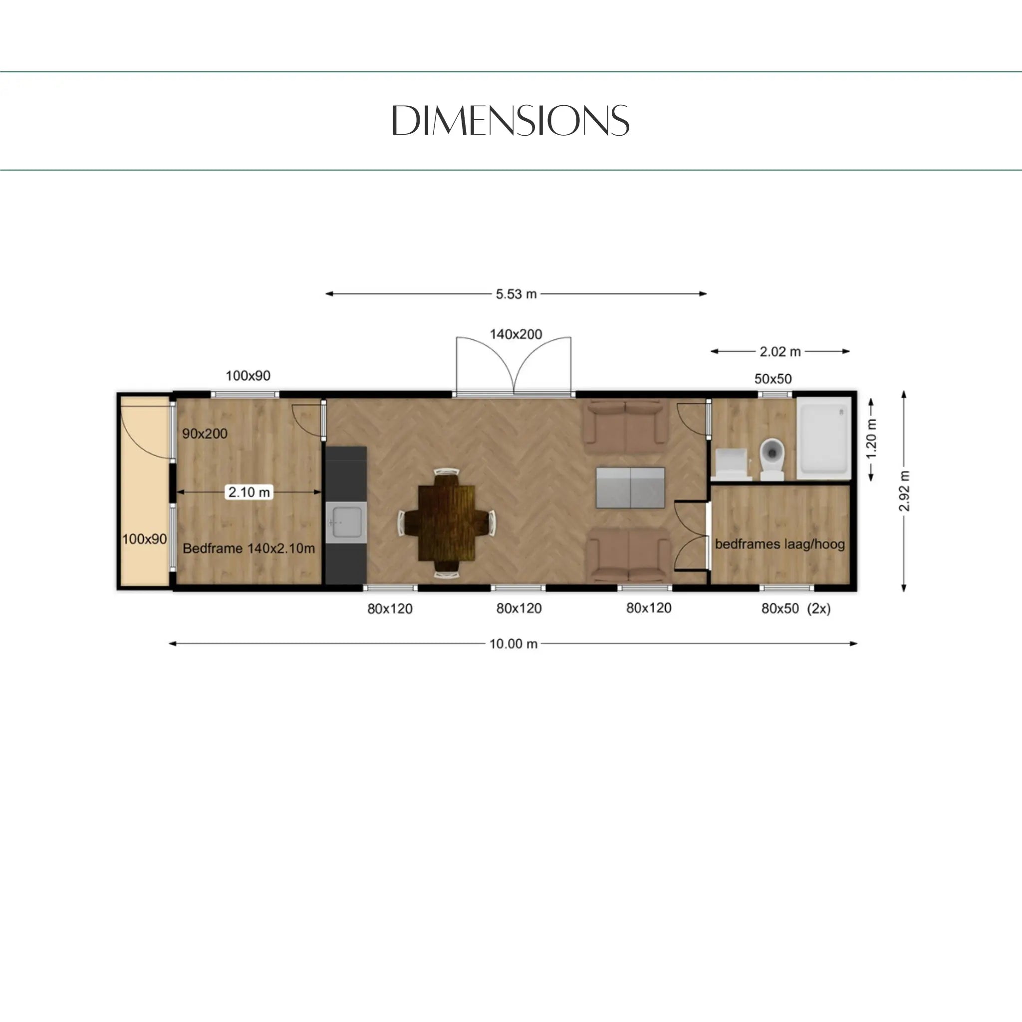 Interior floor plan and dimensions diagram of the Archwood 4 person shepherd’s hut