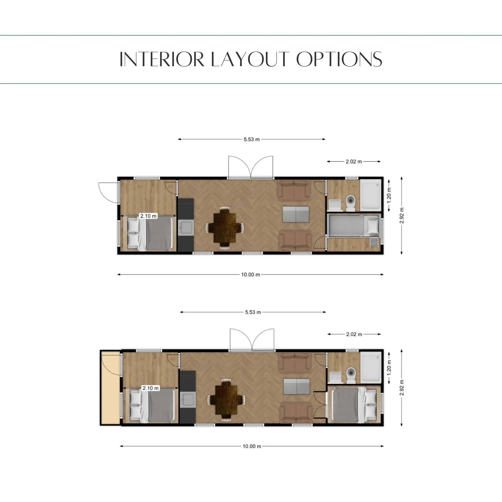 Alternative interior layout plans for the Archwood shepherd’s hut
