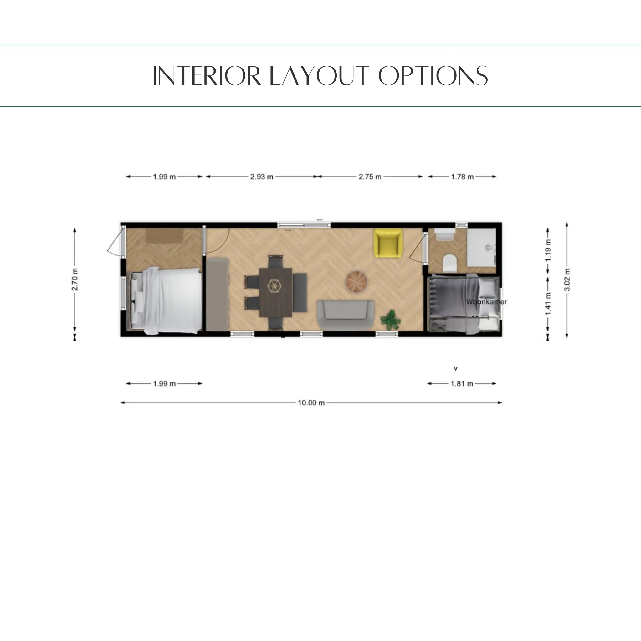 Interior layout options for the Archwood shepherd’s hut glamping accommodation