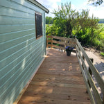 Side walkway deck alongside the Archwood 4 person shepherd’s hut