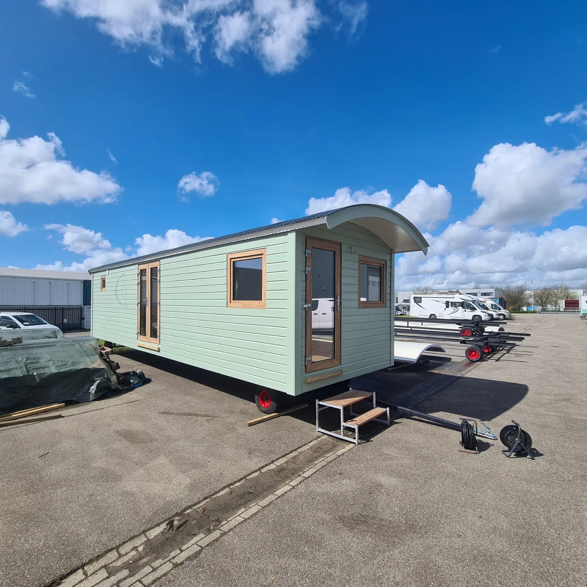 Archwood 4 person shepherd’s hut ready for transport at manufacturing site