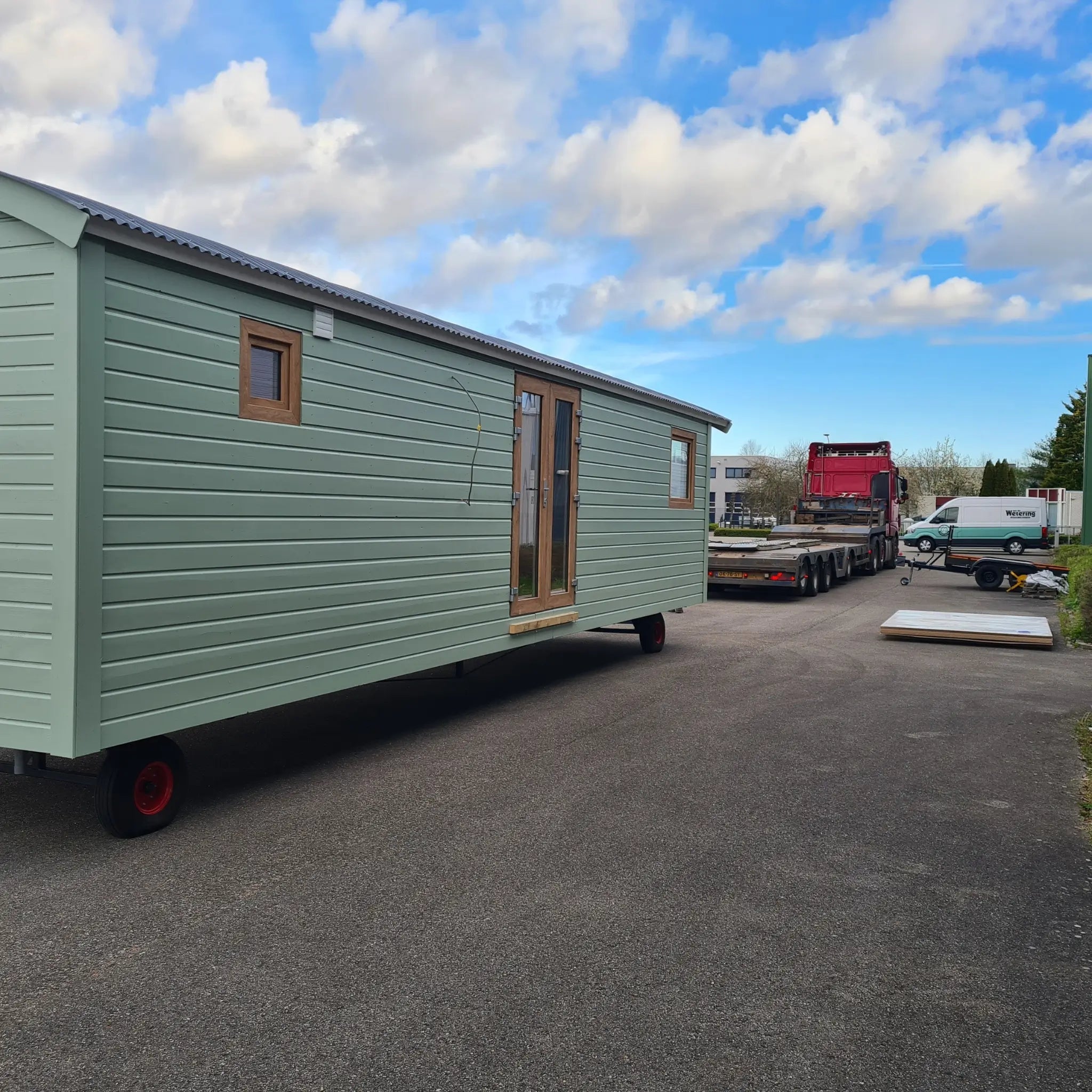 Side profile of Archwood glamping shepherd’s hut before installation