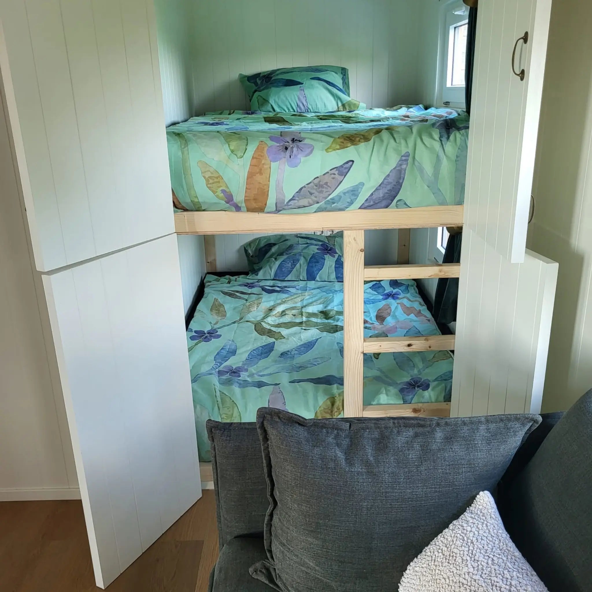 Built in bunk beds inside the Archwood 4 person shepherd’s hut