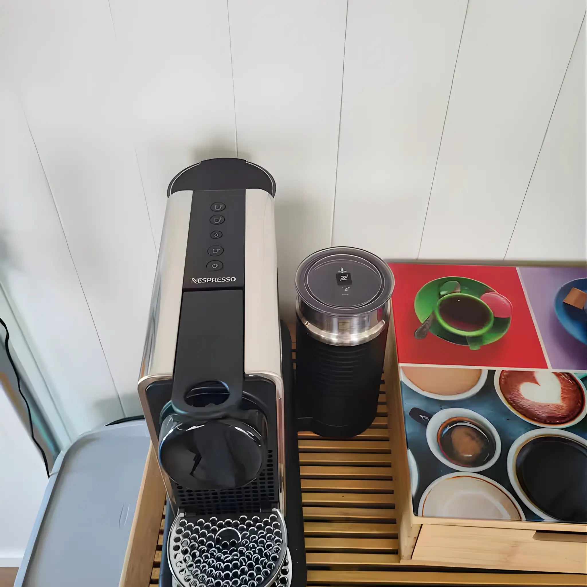 Coffee machine station inside the Archwood shepherd’s hut kitchen