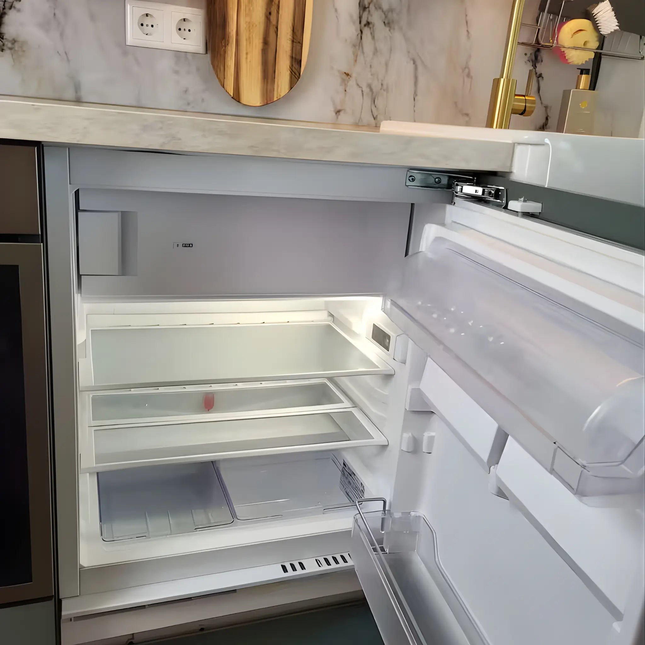 Integrated fridge inside the kitchen of the Archwood glamping shepherd’s hut