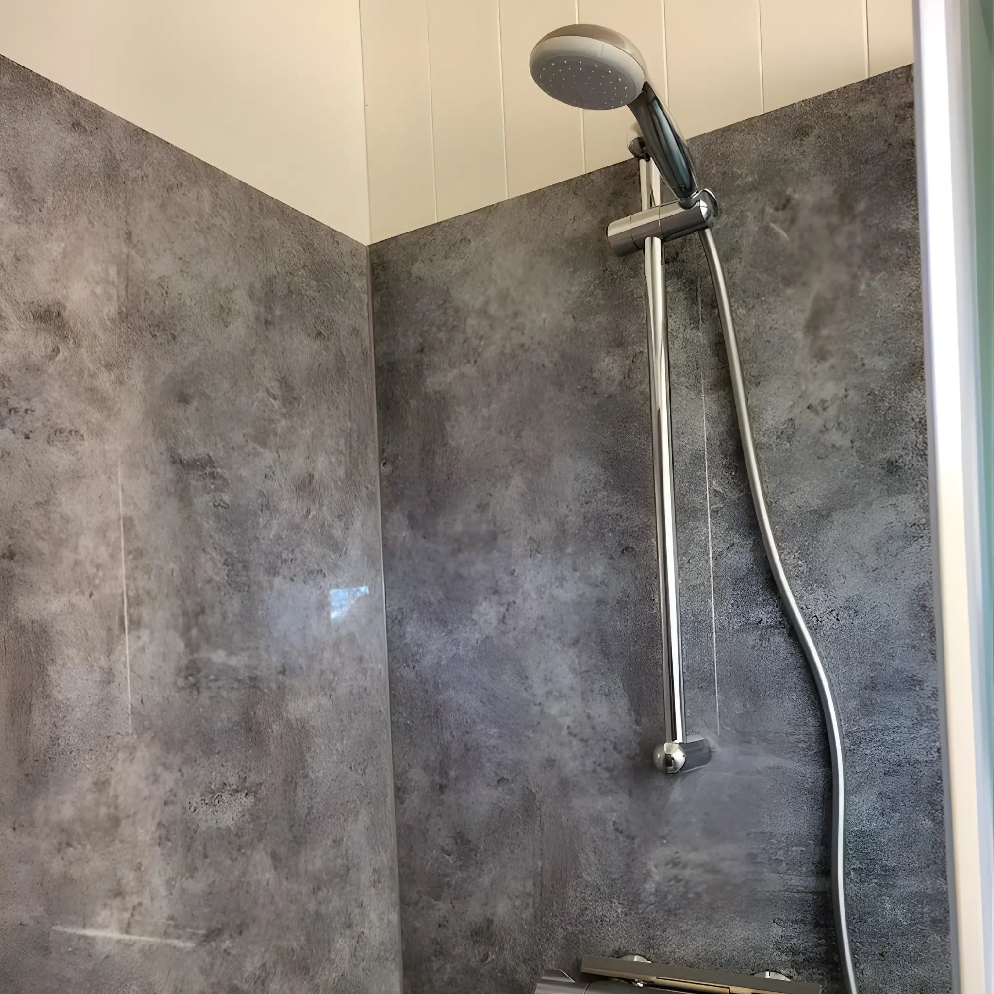 Modern shower inside the bathroom of the Archwood shepherd’s hut