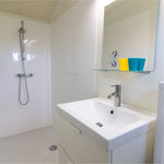 Modern shepherd’s hut bathroom with walk-in shower and vanity unit