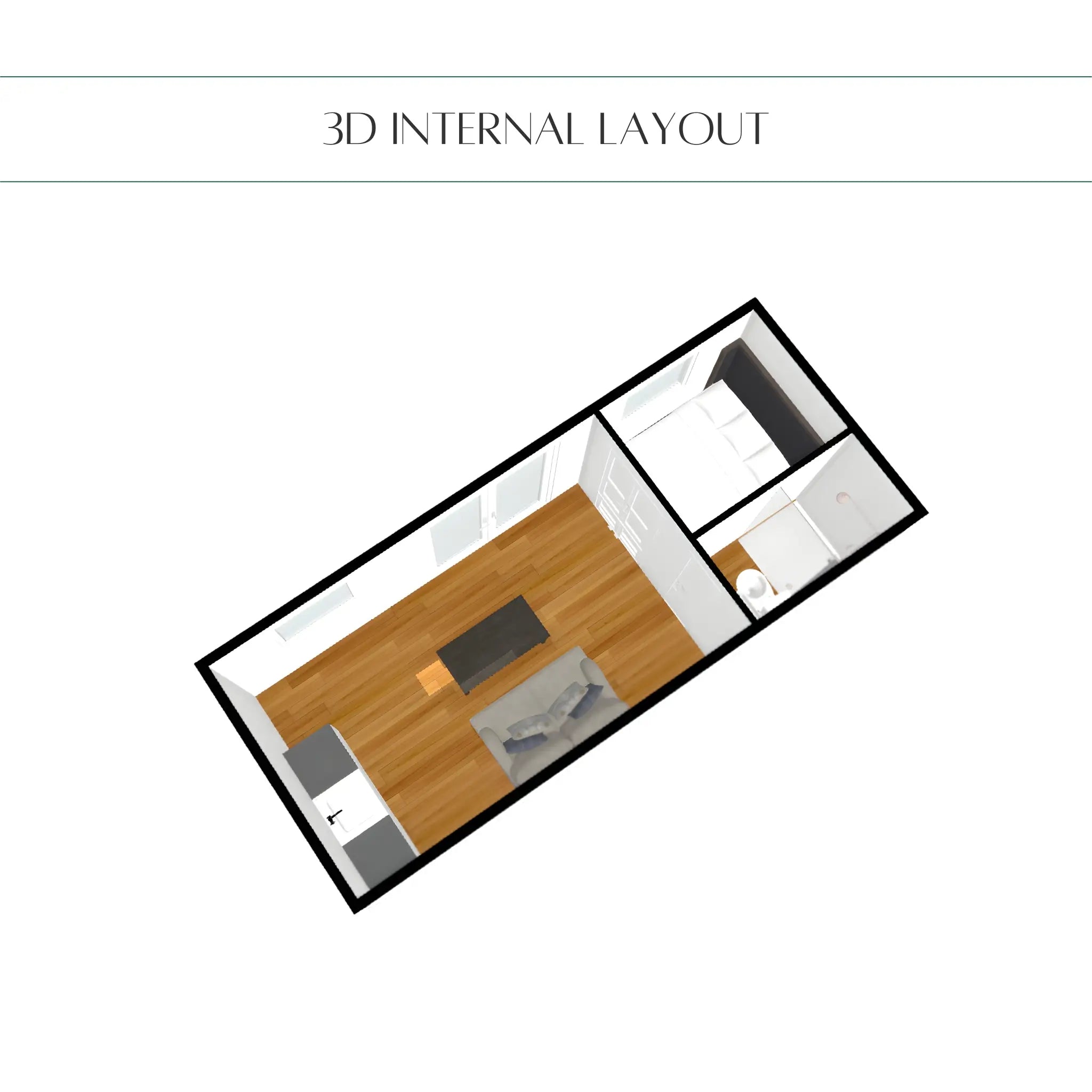 3D internal layout diagram of the Bowridge 2 person shepherd’s hut