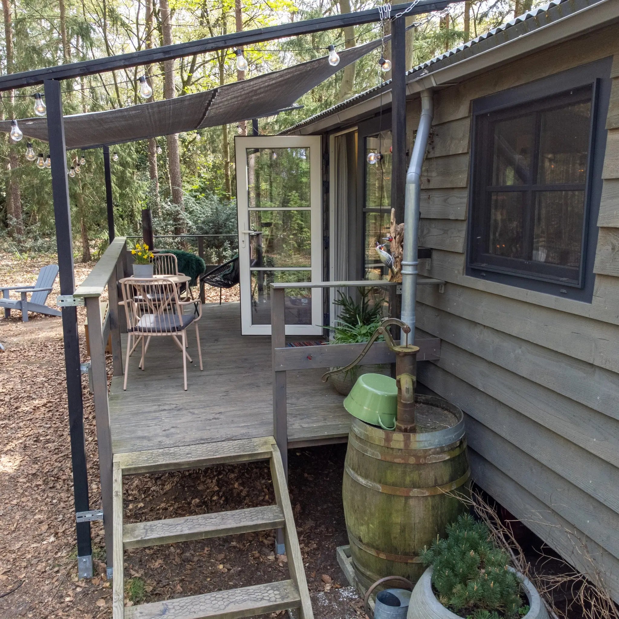 Rustic shepherd’s hut exterior with forest decking, outdoor dining area and charming woodland retreat setting.