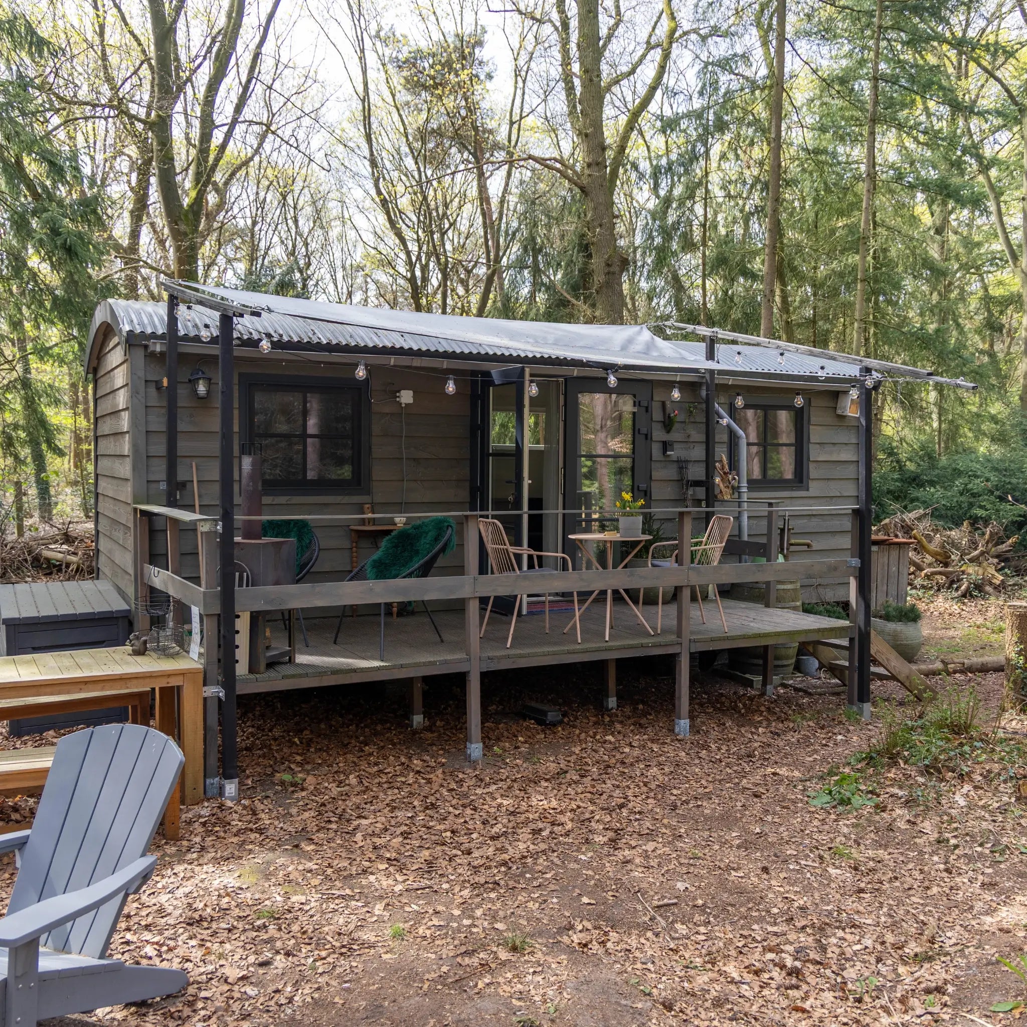Stylish woodland shepherd’s hut with covered deck, outdoor seating and cosy forest retreat atmosphere.