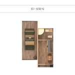 3D aerial floor plan of the Dual Halfmoon Pod showing bedroom, bathroom, and living layout for two guests