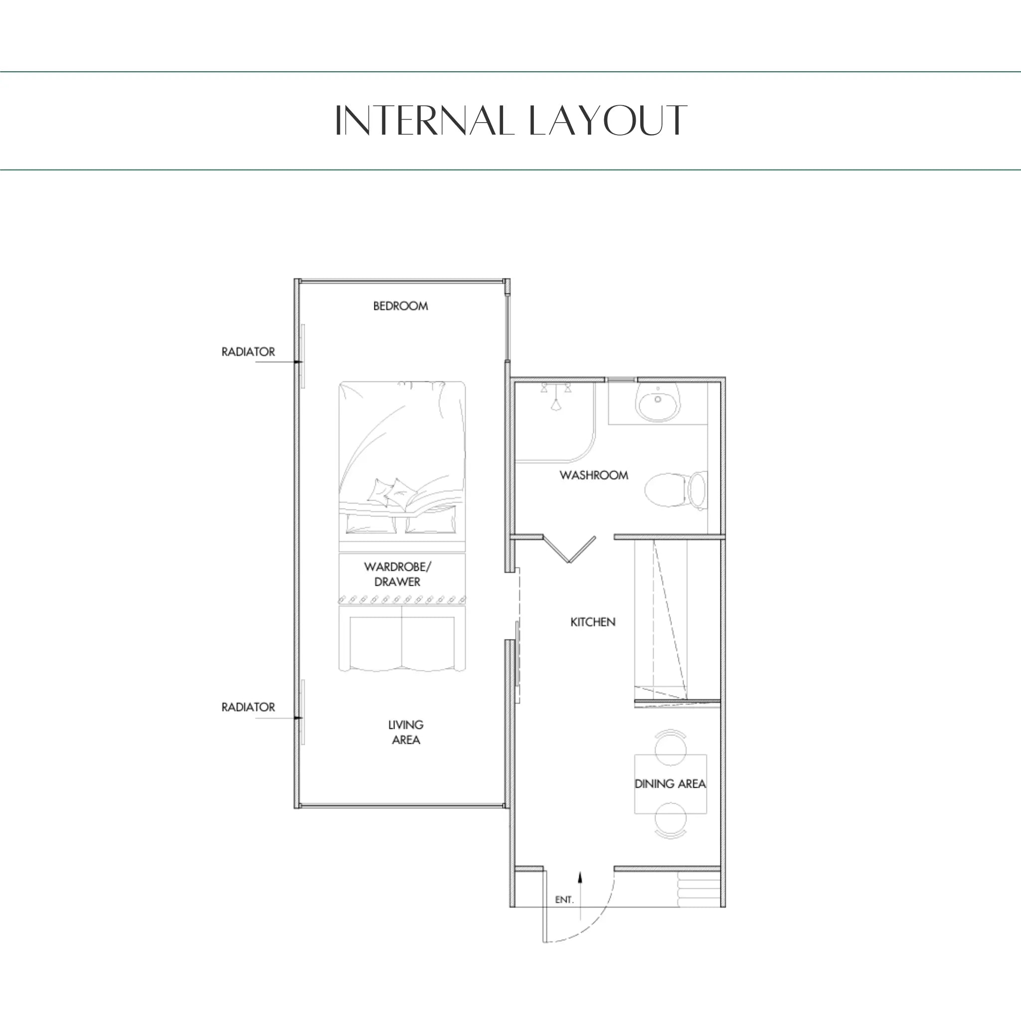 Internal layout plan of the Dual Halfmoon glamping pod showing bedroom, kitchen, dining area, and bathroom