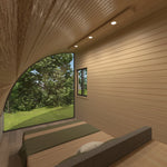 Double bed facing panoramic window inside the Dual Halfmoon Pod with curved timber ceiling and forest views