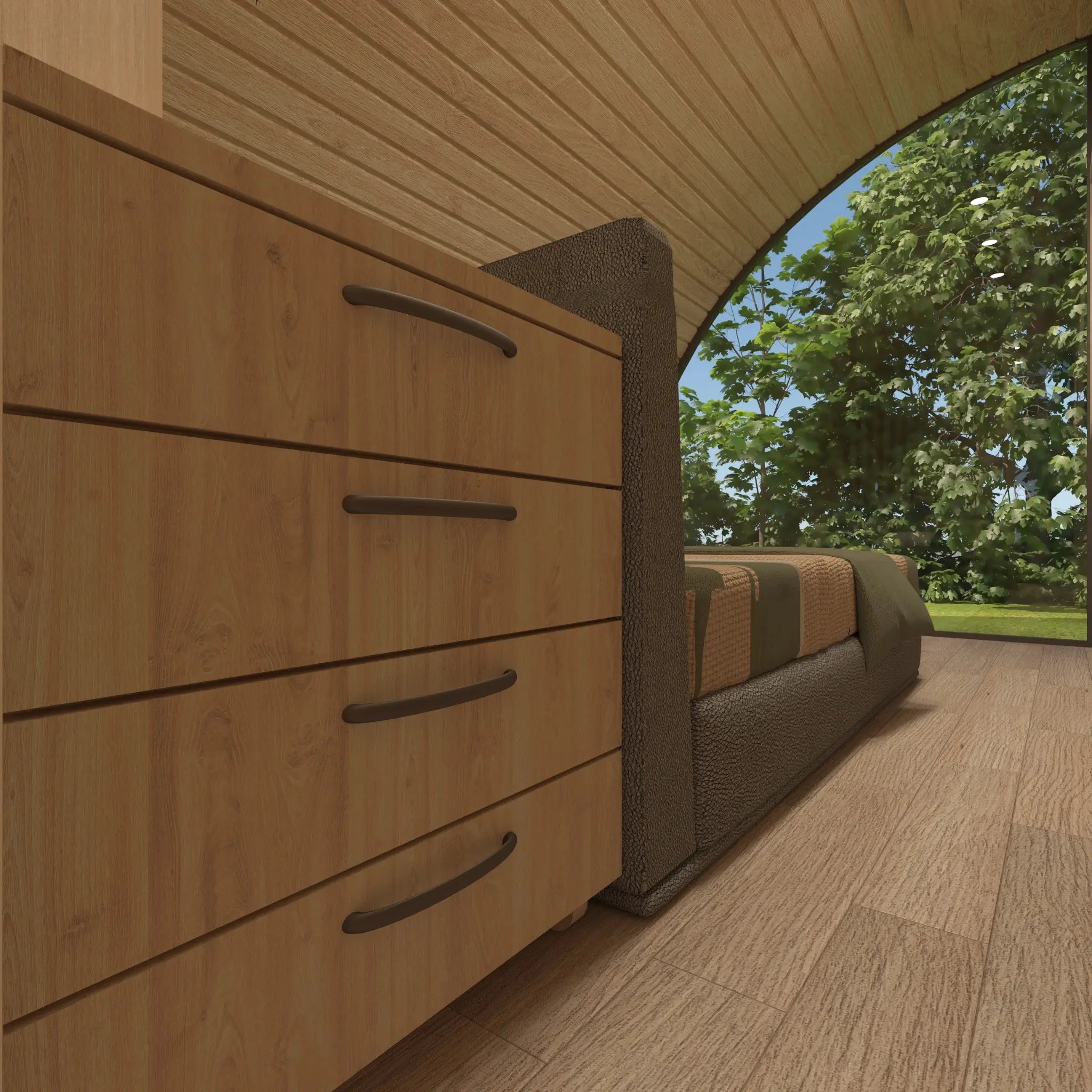 Built-in storage drawers behind the double bed inside the Dual Halfmoon Pod bedroom